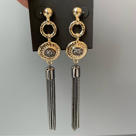 NEW RJ Graziano Gold Tone Gunmetal Tassel Drop Earrings - Picture 7 of 7